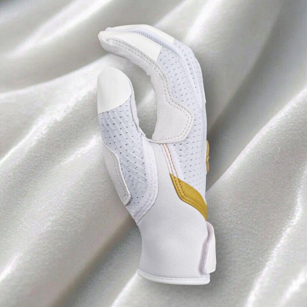 White fastpitch batting glove with perforated gray back and gold palm panel