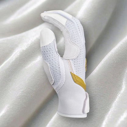 White fastpitch batting glove with perforated gray back and gold palm panel