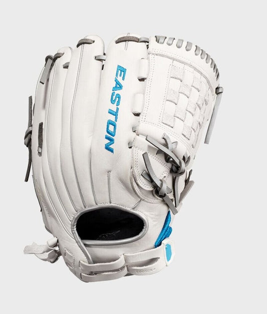 White fastpitch softball glove with webbed pocket and blue accents, black lacing