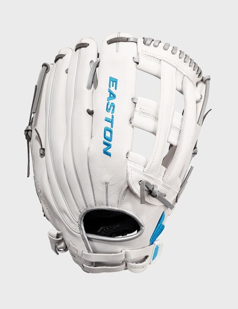 White fastpitch outfield glove with blue Easton logo, open-web design