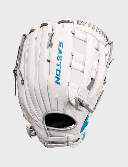 White fastpitch outfield glove with blue Easton logo, open-web design
