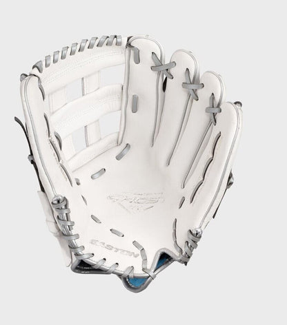 White fastpitch outfield glove with blue accents, center pocket and open web
