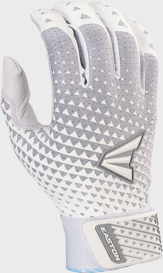 White fastpitch batting glove with geometric grip pattern and Easton logo on wrist