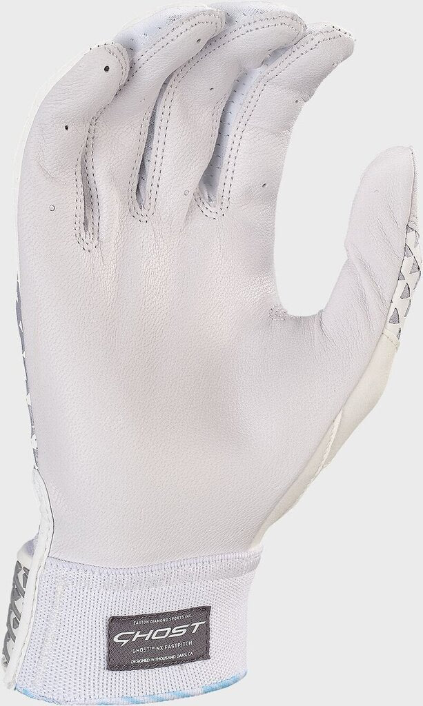 White batting glove with perforated leather palm and Ghost patch on cuff