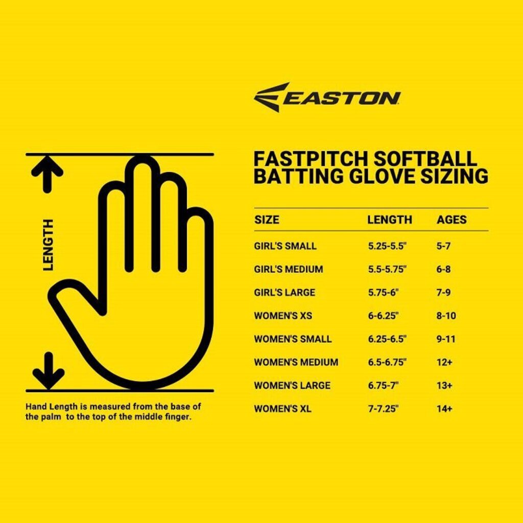 EASTON fastpitch softball batting glove sizing chart with glove icon and size ranges