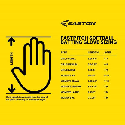 EASTON fastpitch softball batting glove sizing chart with glove icon and size ranges