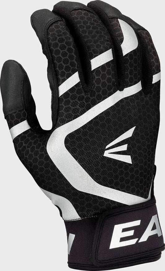 Black Easton batting gloves with white accents, hex-pattern palm and wrist strap