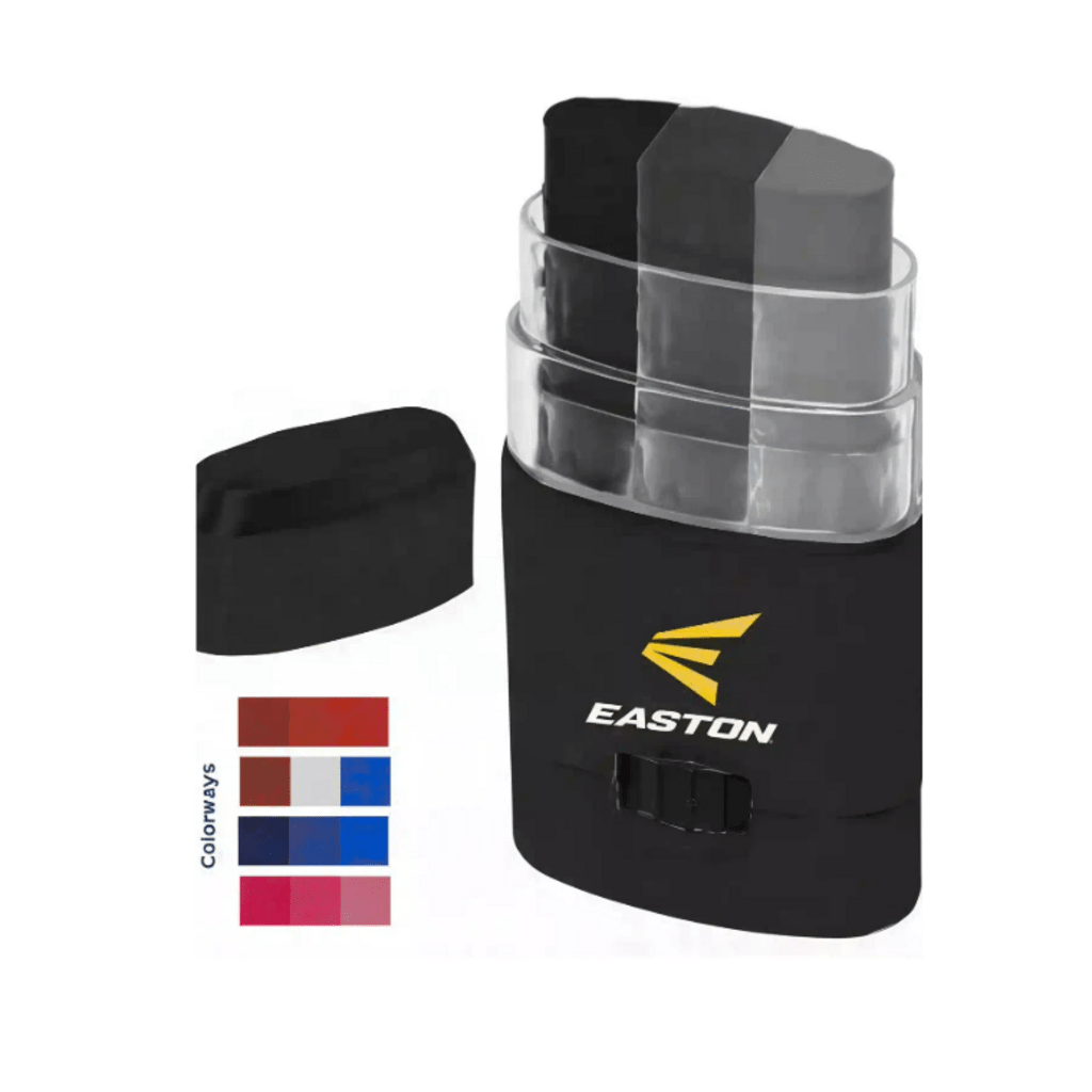 Tri-color eye black stick in black case with Easton logo; four sticks visible