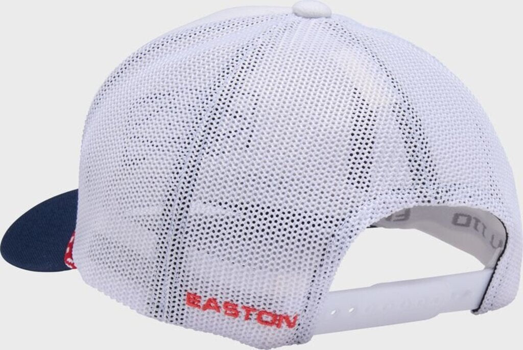 Vintage rope snapback hat back view with white mesh and navy underbrim, red Easton text