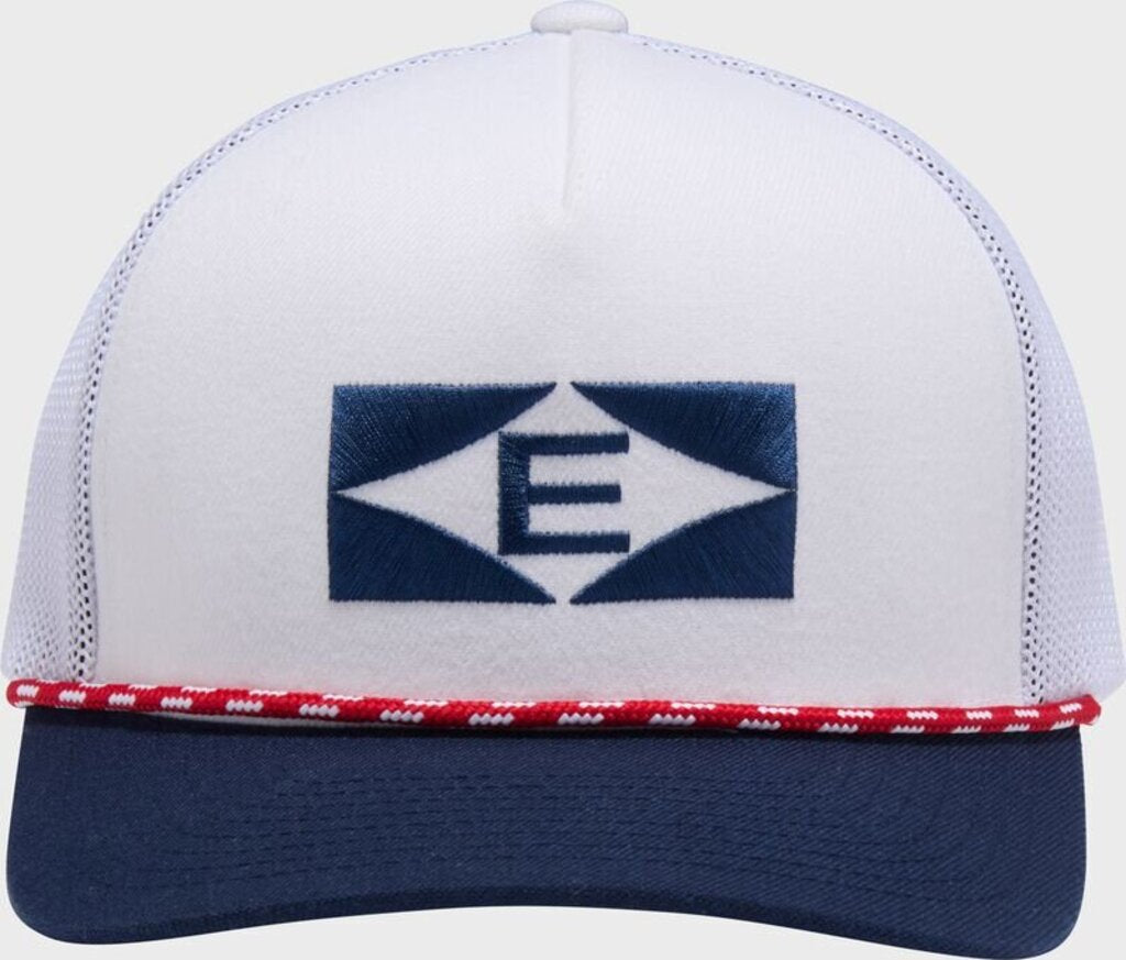 Vintage rope snapback hat, white mesh front with navy brim and red rope band, E logo