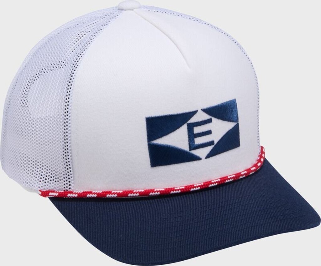 Vintage rope snapback hat with white mesh, navy brim, red rope trim, front logo patch