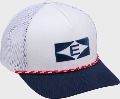 Vintage rope snapback hat with white mesh, navy brim, red rope trim, front logo patch