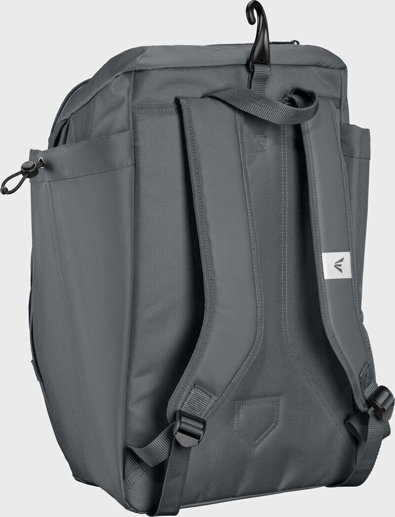 Gray Easton baseball backpack side view with front zip pocket and adjustable straps