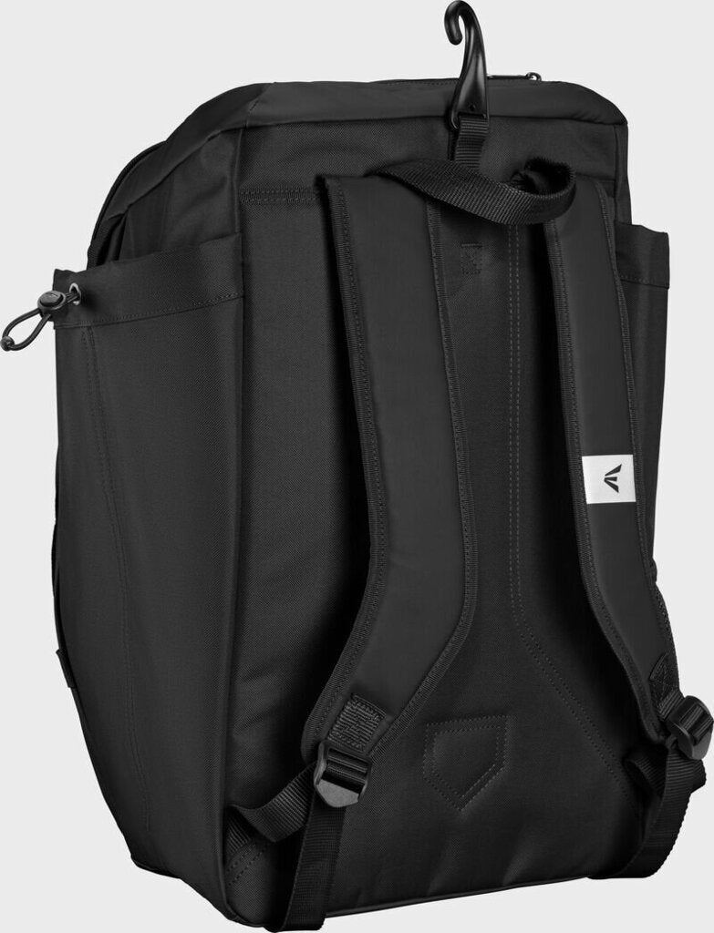 Black Easton baseball backpack, side view with zip pockets and adjustable straps