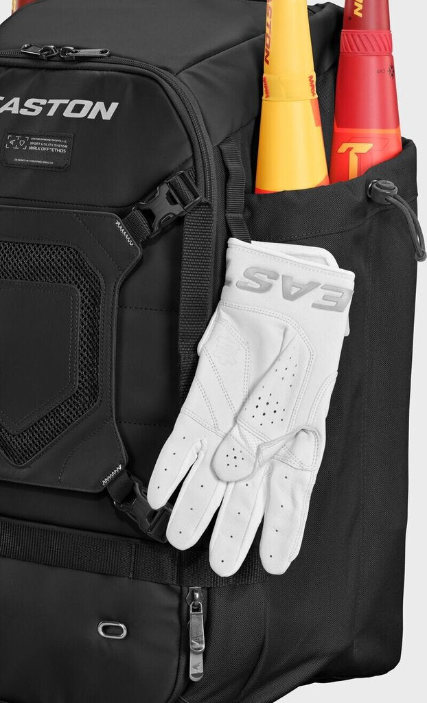 Black Easton baseball backpack close-up with side mesh panel and zip closure