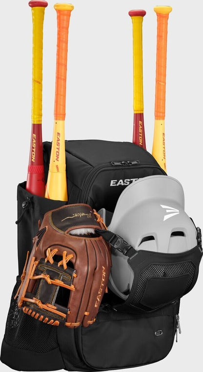 Black Easton baseball backpack with front zip pocket and adjustable shoulder straps