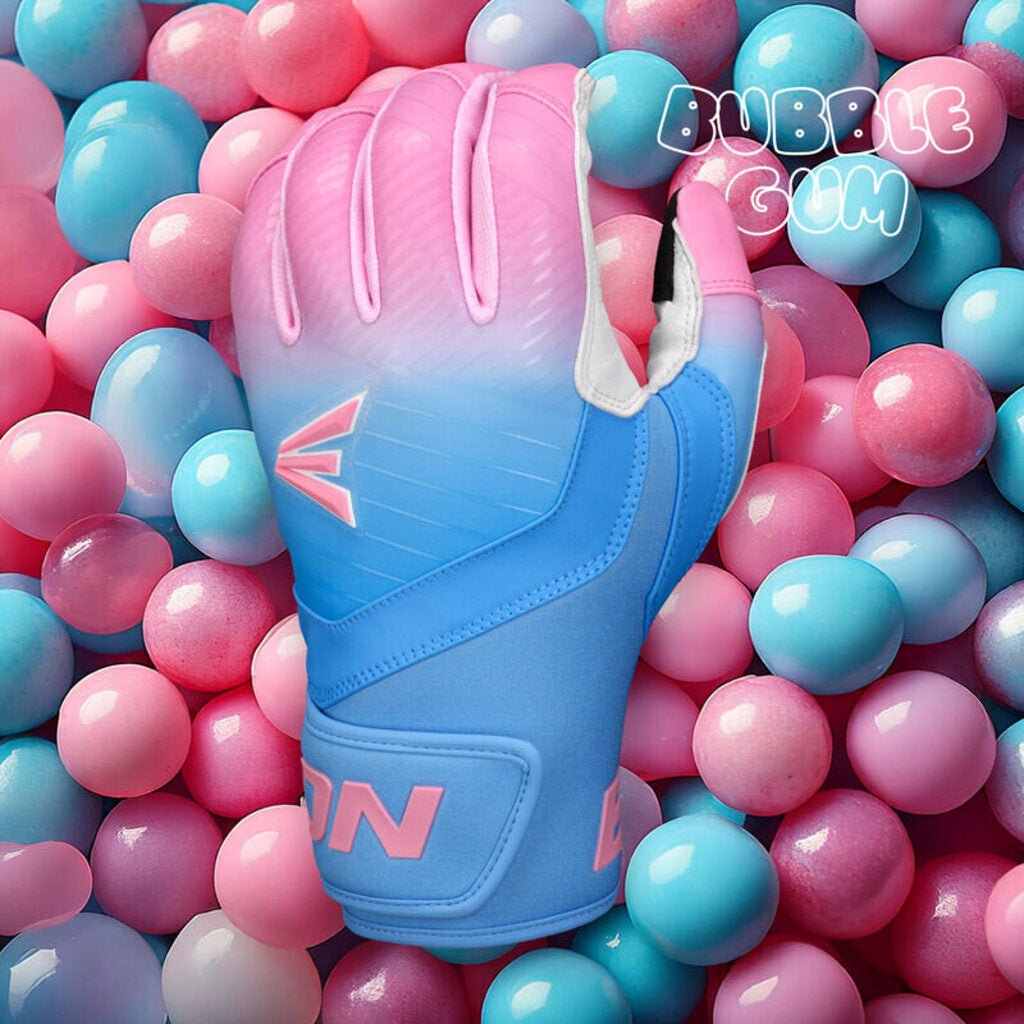 Batting gloves with blue palm, pink finger padding, and red logo accents