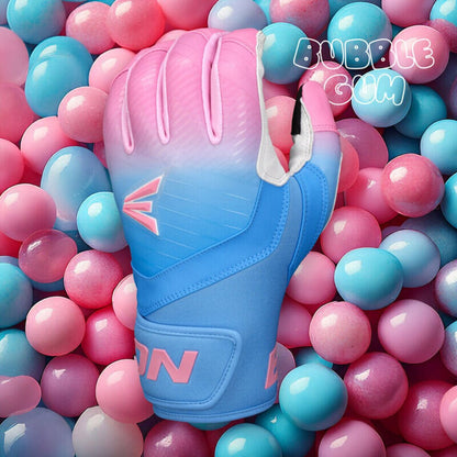 Batting gloves with blue palm, pink finger padding, and red logo accents