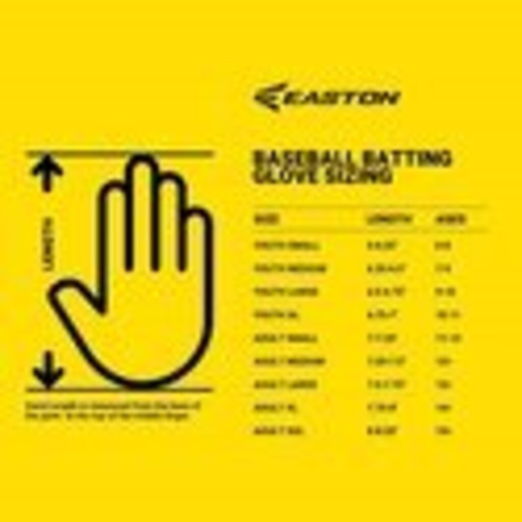 Easton glove sizing chart poster with hand icon and baseball batting instructions