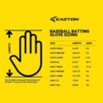 Easton glove sizing chart poster with hand icon and baseball batting instructions