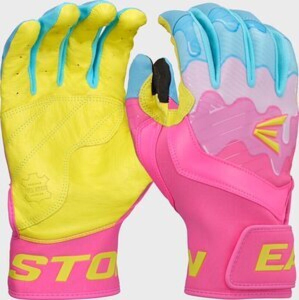 Baseball batting gloves with neon yellow left glove and hot pink/blue right glove
