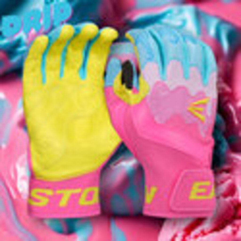Baseball batting gloves with neon yellow and hot pink drip accents, padded palms