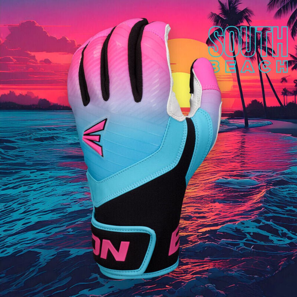 Adult batting gloves in aqua and pink with black knuckle guards and hook-and-loop wrist