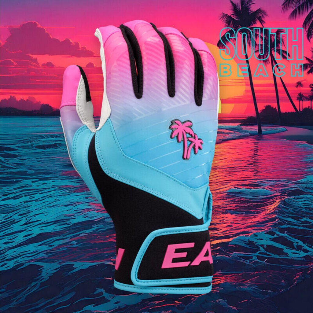 Adult batting gloves: aqua and pink with black knuckle pads, fingered fit