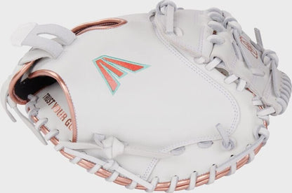 White Easton fastpitch catcher mitt with open web and multicolor logo