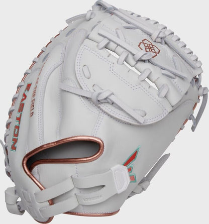 White Easton fastpitch catcher mitt with brown leather trim and lace web