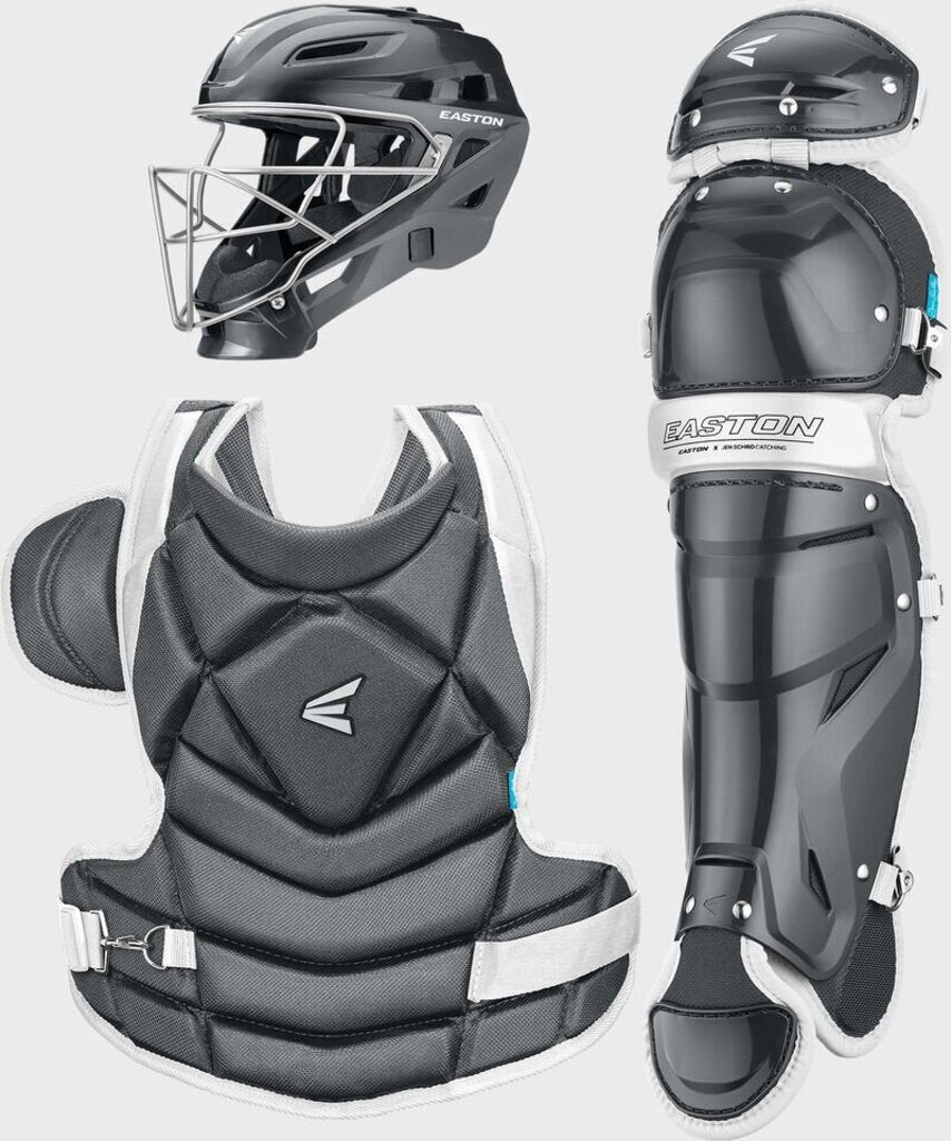 Fastpitch catcher set in charcoal/black with helmet, chest protector, and leg guards.