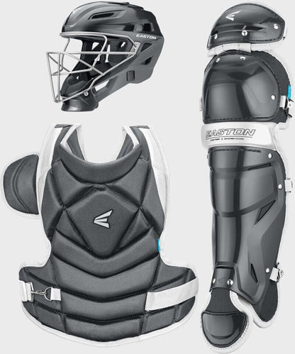 Fastpitch catcher set in charcoal/black with helmet, chest protector, and leg guards.