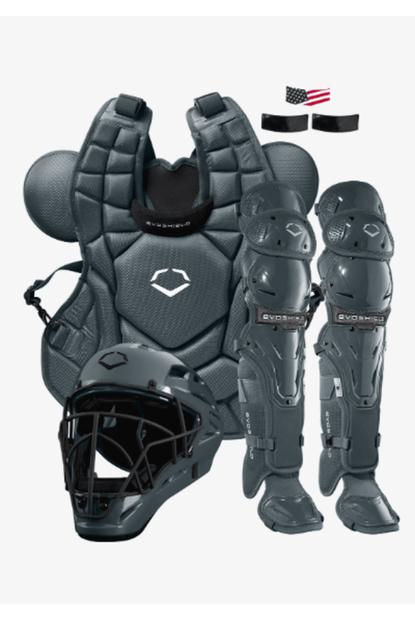 Charcoal baseball catcher set with chest protector, shin guards, and helmet