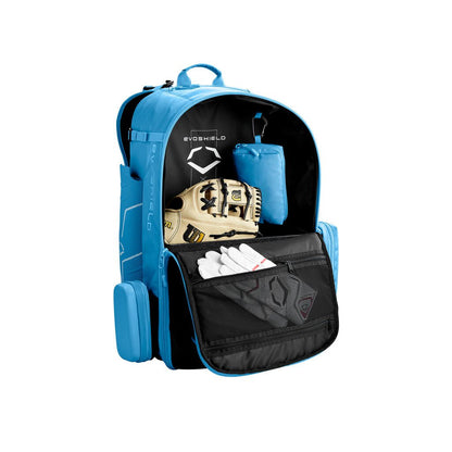 Blue-and-black baseball bat backpack with open front showing glove and gear