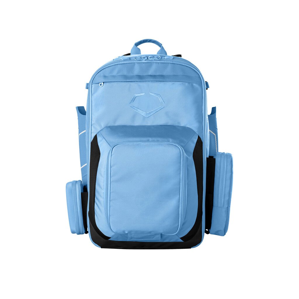 Light blue baseball bat backpack front view with padded panel and straps