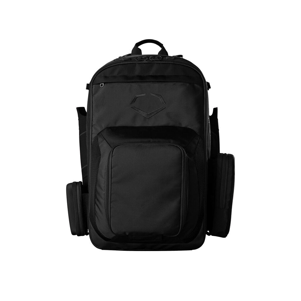 Black baseball bat backpack front view with square padded pocket and zip closure