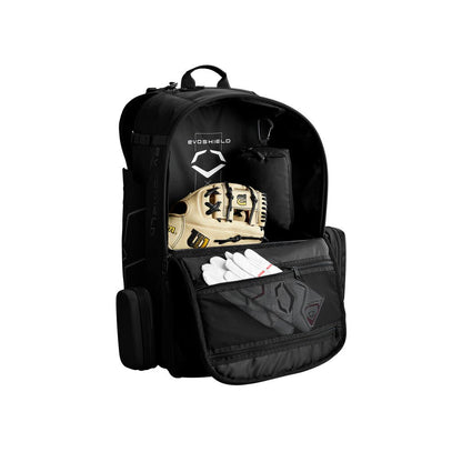 Evoshield black baseball bat backpack open front with organizer pockets