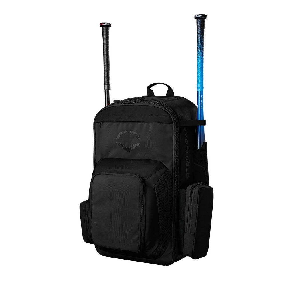 Black baseball bat backpack with zip front and padded side compartments