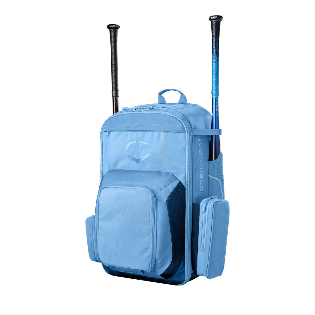 Light blue baseball bat backpack three-quarter view with side rails