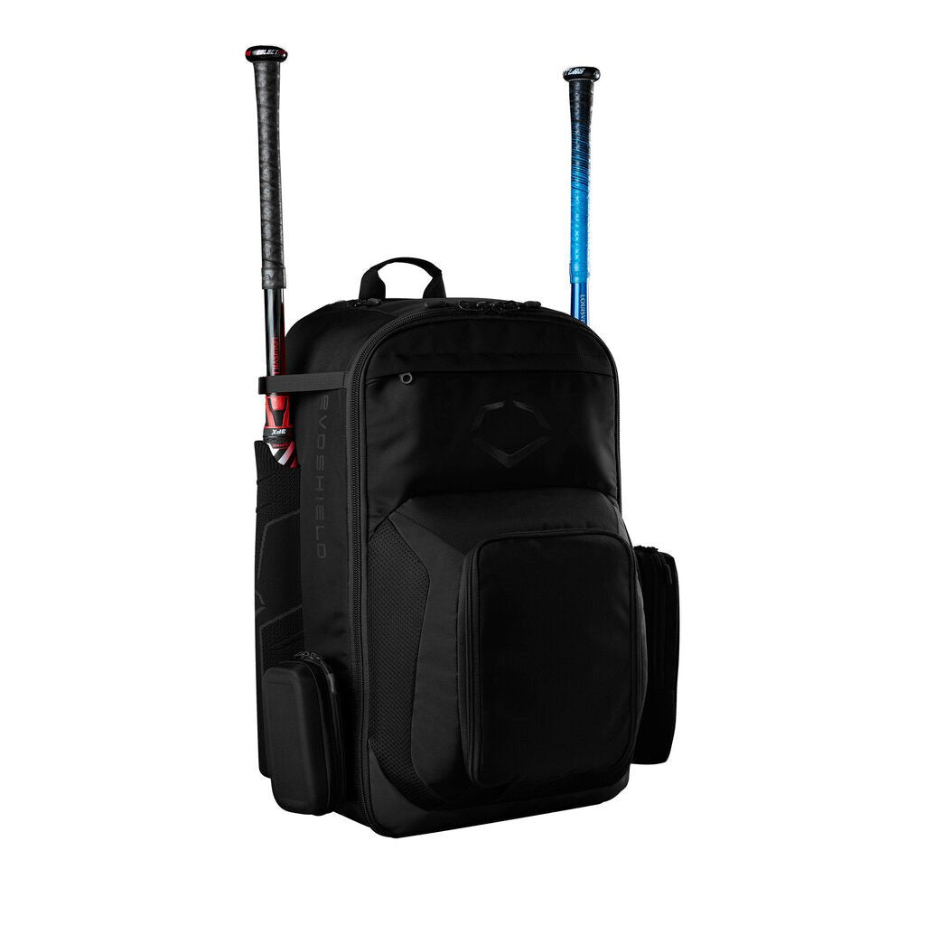 Black baseball bat backpack with top handle and padded front storage pocket