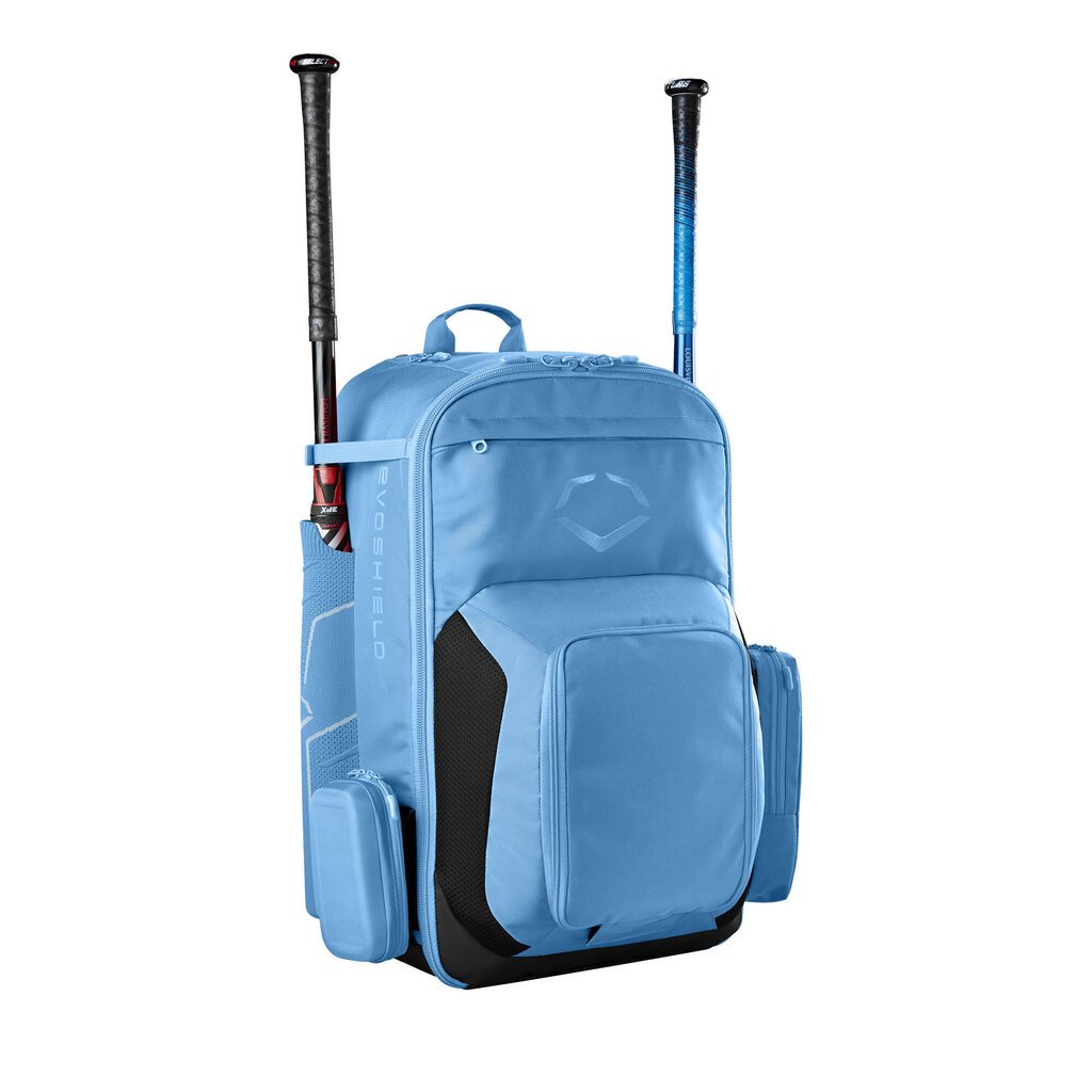 Light blue baseball bat backpack with side rails and front zip pocket