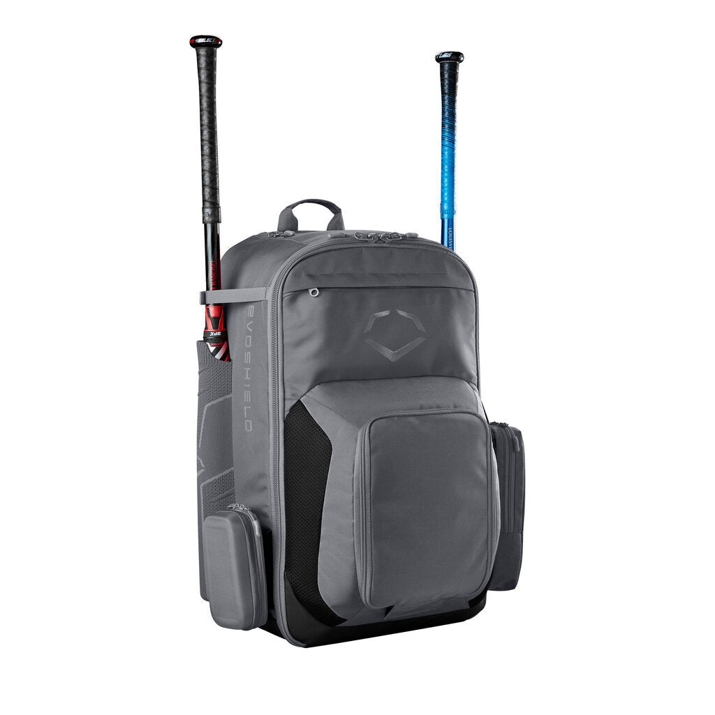 Charcoal gray baseball bat backpack with front pocket and side compartments