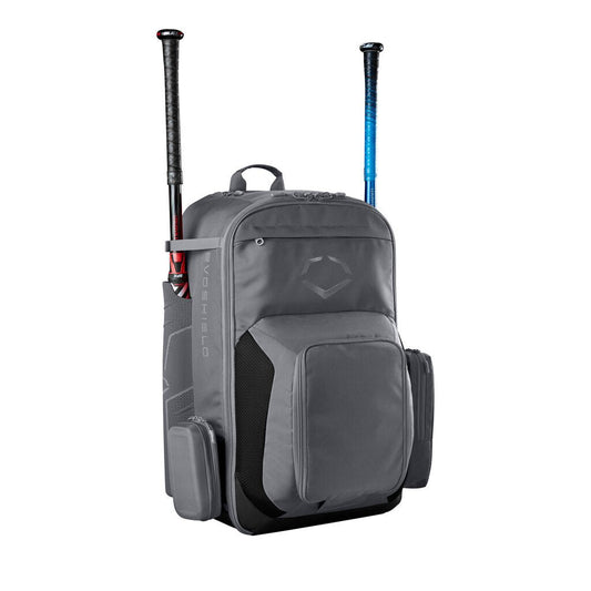 Charcoal gray baseball bat backpack with front pocket and side compartments