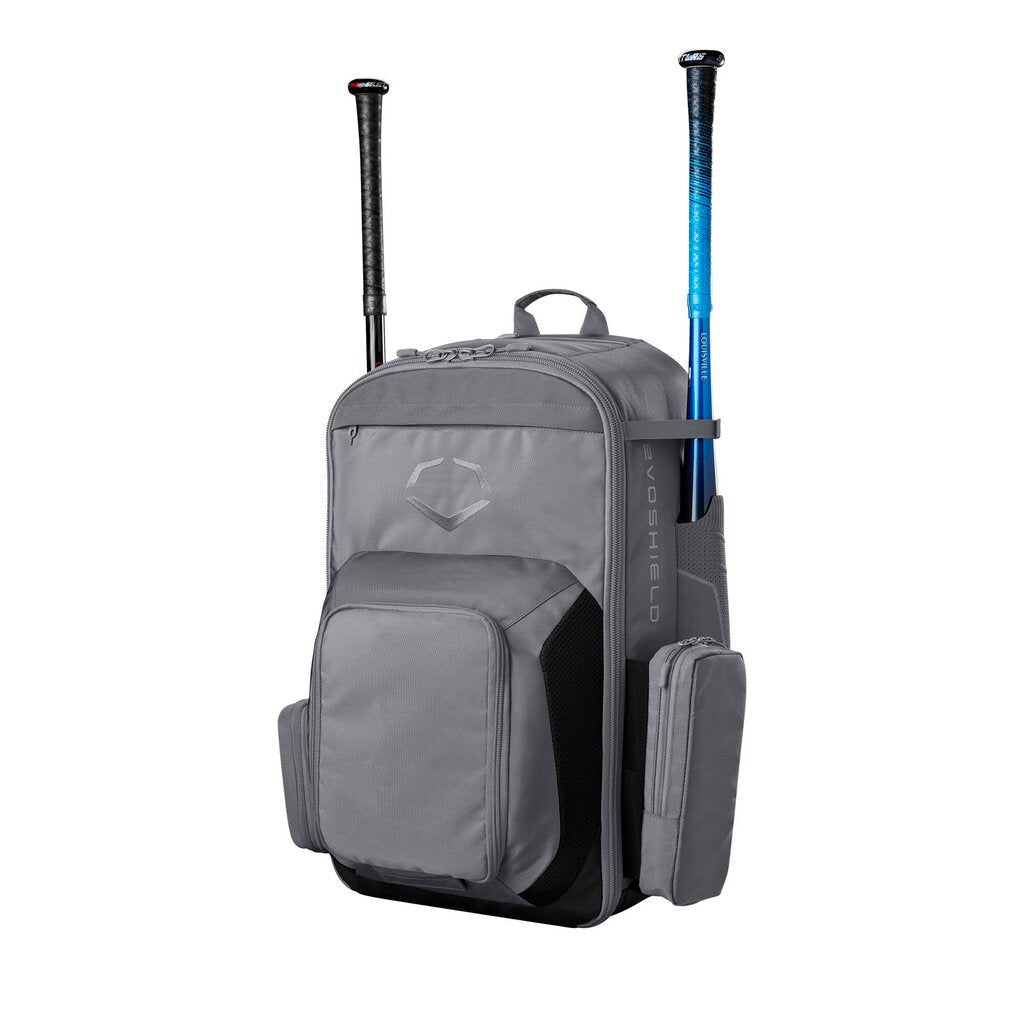 Charcoal baseball bat backpack with zip front and padded side pouches