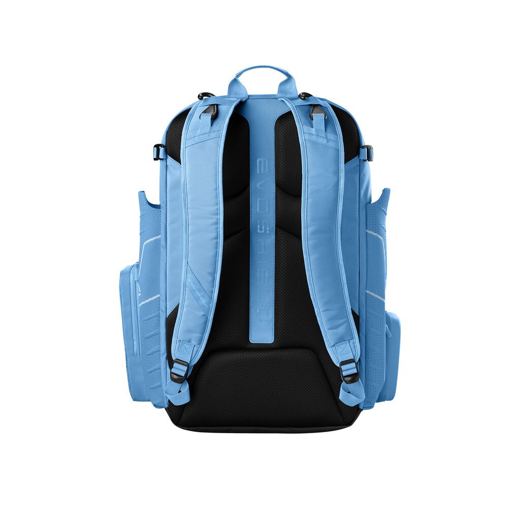 Light blue baseball bat backpack back view with padded shoulder straps