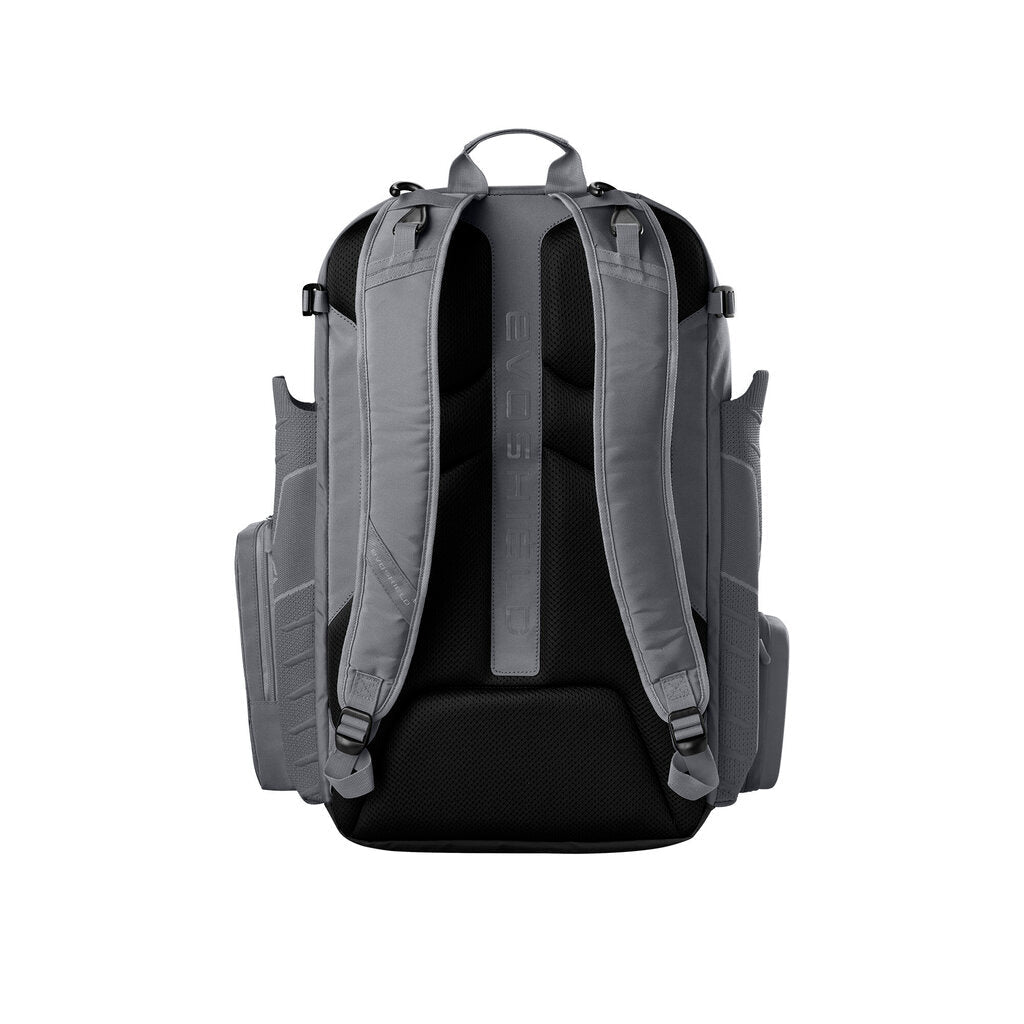 Charcoal baseball bat backpack back view with padded straps and ventilated panel