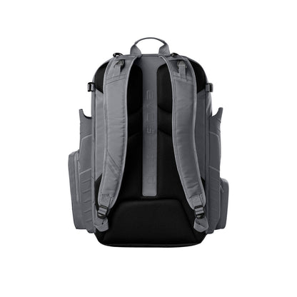 Charcoal baseball bat backpack back view with padded straps and ventilated panel