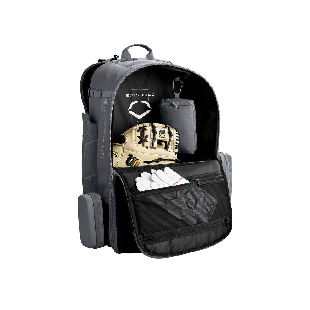 Evoshield black baseball bat backpack open front with storage compartments and zip pocket