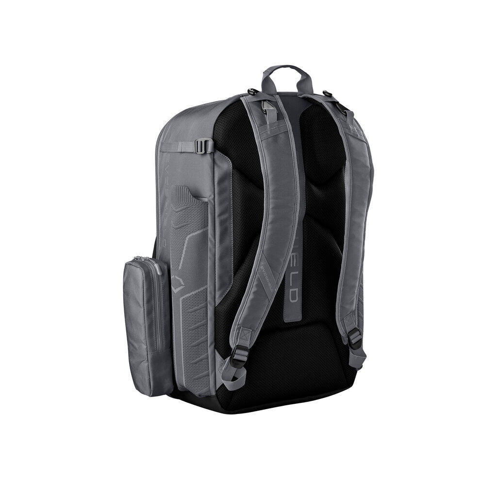 Charcoal baseball bat backpack side view with padded shoulder straps and side pouch