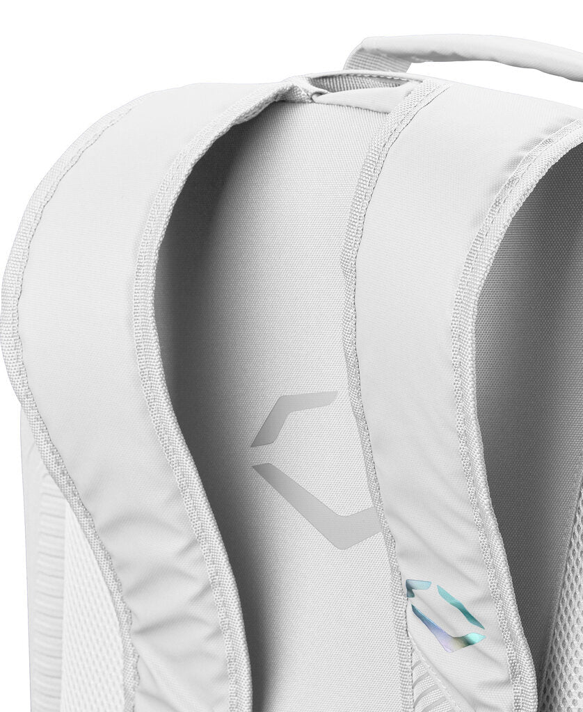 White bat bag backpack back panel with logo patch and ventilation mesh